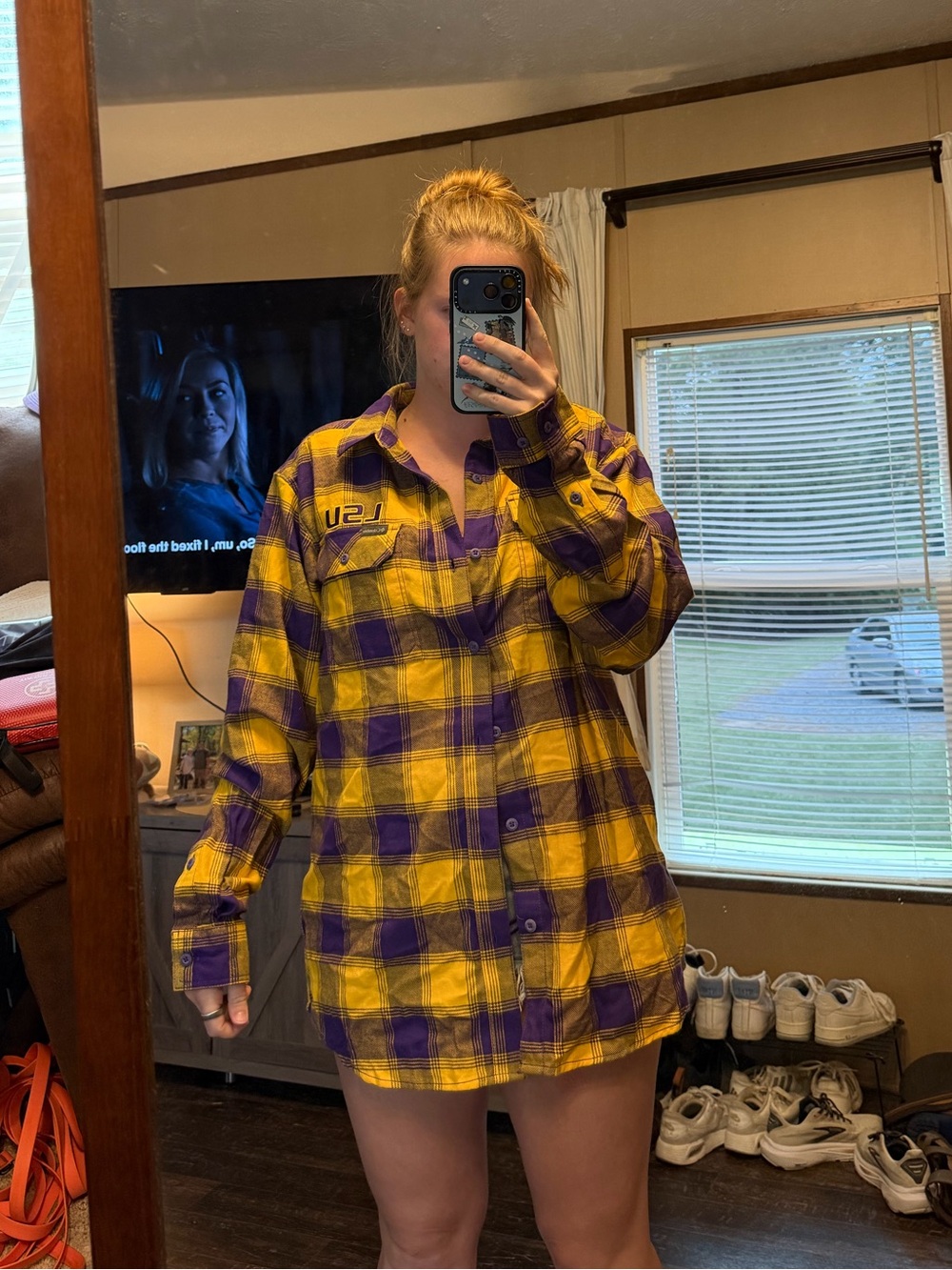 Columbia LSU Purple and Yellow Plaid Button-Down Shirt